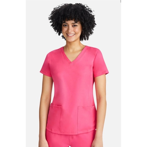 HH Works By Healing Hands Scrub Top Womens Small Black V Neck‎ Pink 2500 Monica - Picture 1 of 10